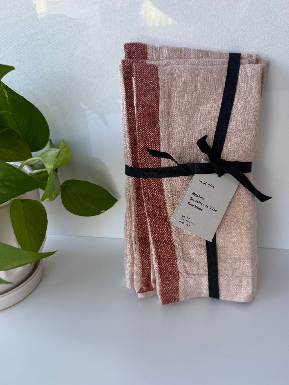 West Elm Contrast Border Linen Napkins in Light Sienna, Set of Four, 100% Linen